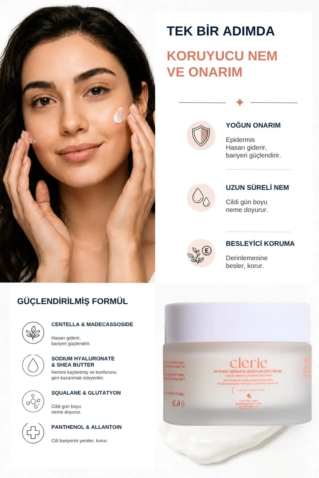 Clerie 2’li Cica Yüz Kremi Seti – Yoğun Nemlendirici, Cilt Bariyer Destekleyici Centella & Madecassoside Krem 2x50 ml
