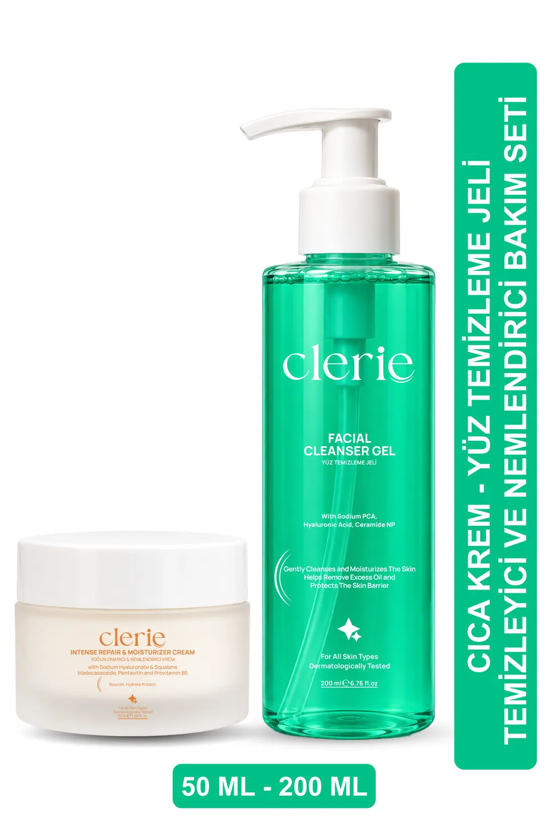 Product image: Clerie Aşırı Yaşlanma Karşıtı Yüz Temizleme Jeli & Yoğun Nemlendirici Cica Krem Seti