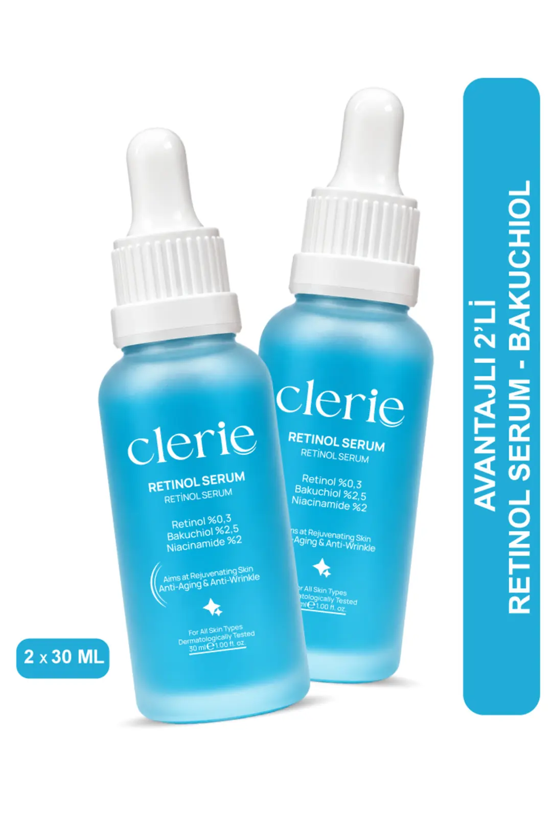 Product image: Clerie 2’li Retinol Cilt Serumu – %0,3 Retinol & %2,5 Bakuchiol, Kırışıklık ve İnce Çizgi Karşıtı Anti-Aging Serum 2x30 ml