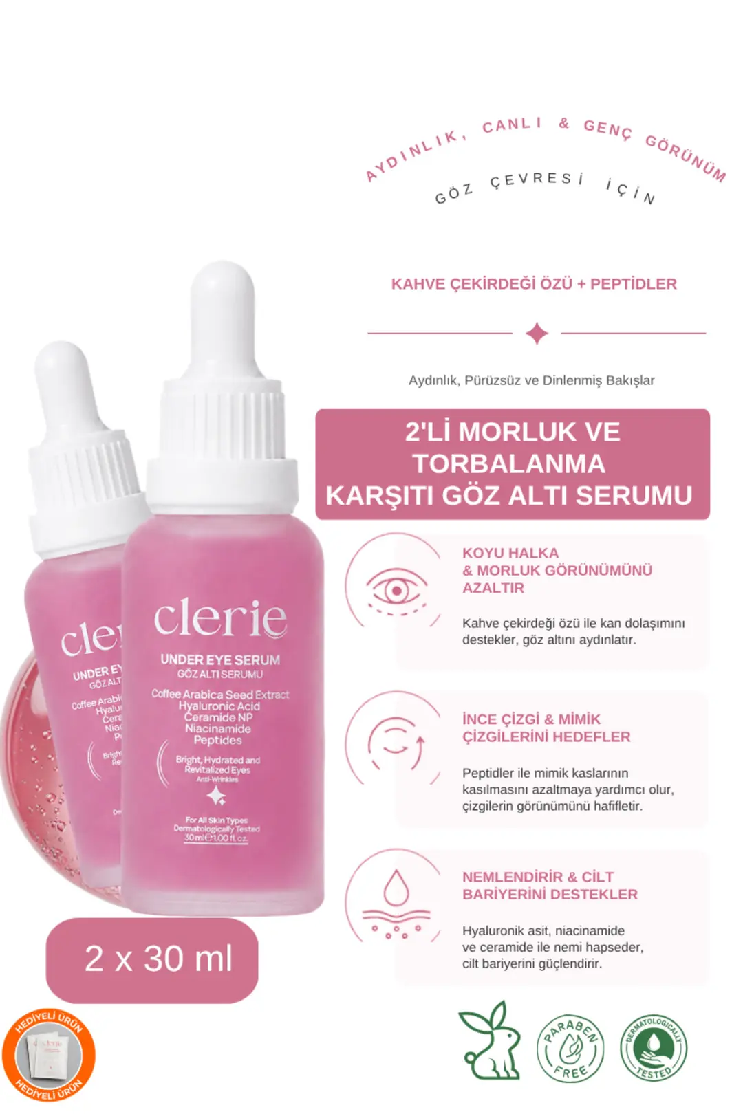 Clerie 2’li Göz Altı Serumu – Morluk, Koyu Halka ve Göz Altı Torbası Karşıtı, Peptit & Kahve İçerikli Serum 2x30 ml
