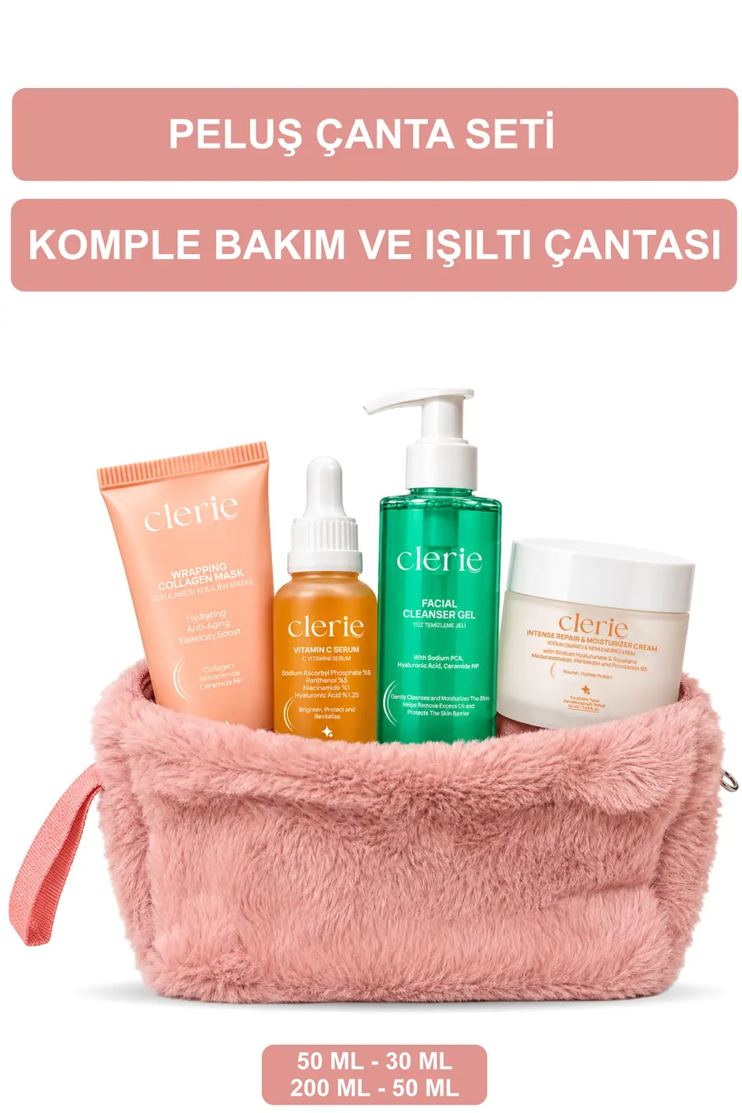 Product image: Clerie 4’lü Cilt Bakım Seti ve Pembe Peluş Çanta