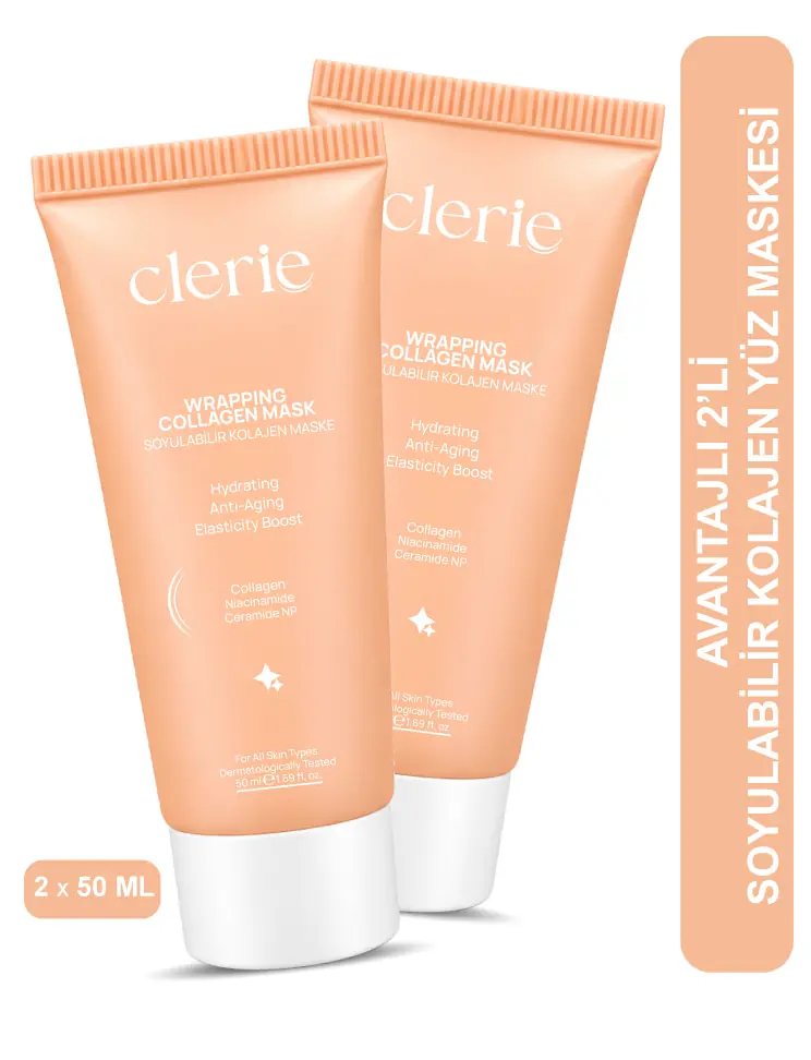 Ürün görseli: Clerie 2’li Soyulabilir Kolajen Yüz Maskesi – Tip 1 & Tip 3 Kolajen, Niacinamide, Kırışıklık Karşıtı Anti-Aging Maske 2x50 ml