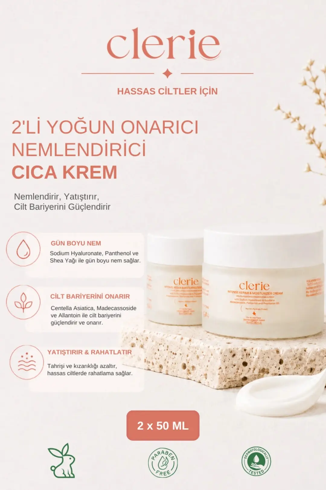 Clerie 2’li Cica Yüz Kremi Seti – Yoğun Nemlendirici, Cilt Bariyer Destekleyici Centella & Madecassoside Krem 2x50 ml