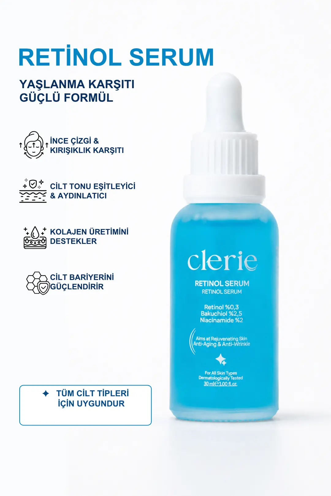 Clerie 2’li Retinol Cilt Serumu – %0,3 Retinol & %2,5 Bakuchiol, Kırışıklık ve İnce Çizgi Karşıtı Anti-Aging Serum 2x30 ml