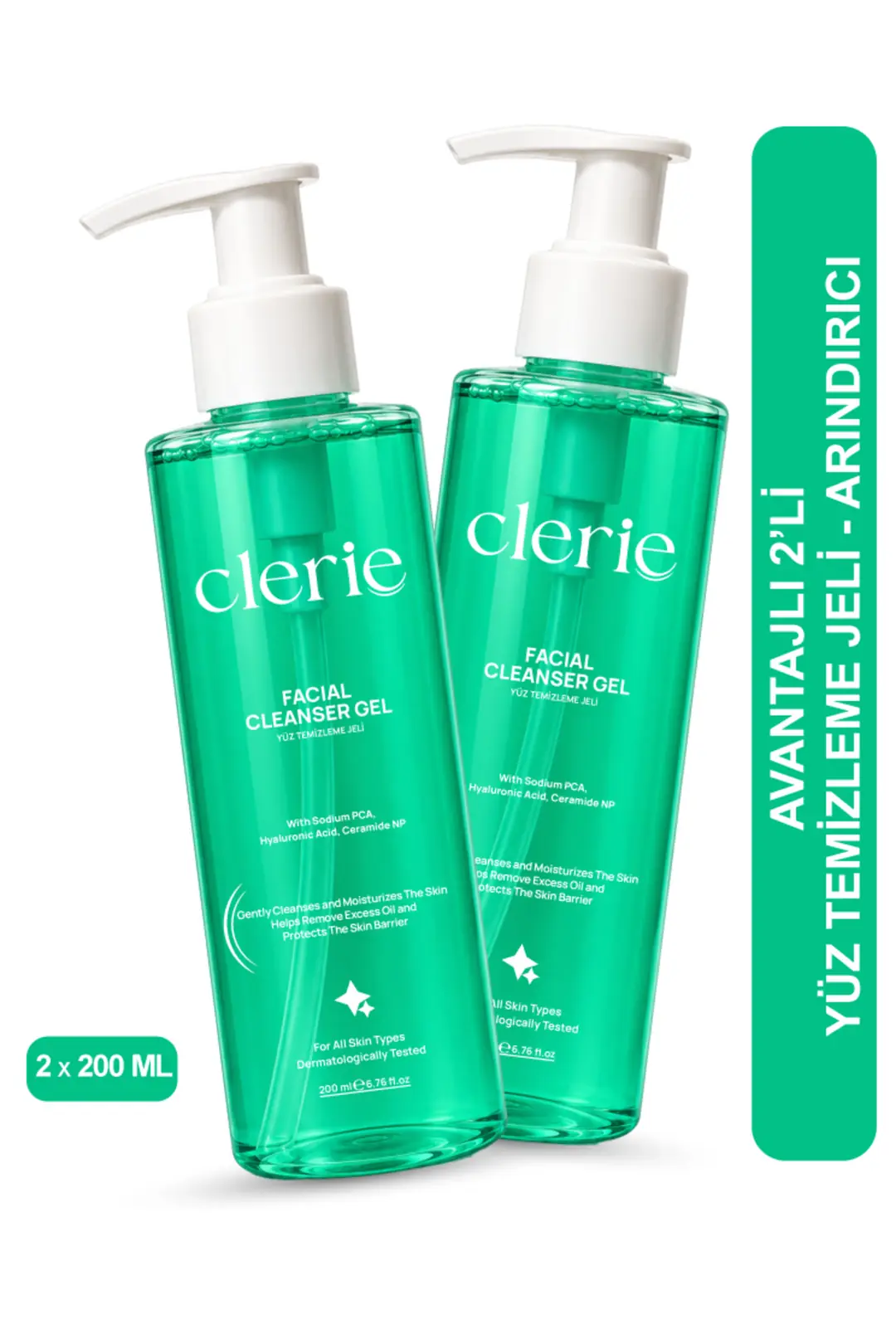 Product image: Clerie 2’li Yüz Temizleme Jeli – Arındırıcı, Gözenek ve Siyah Nokta Karşıtı, Yağ Dengeleyici Temizleme Jeli 2x200 ml