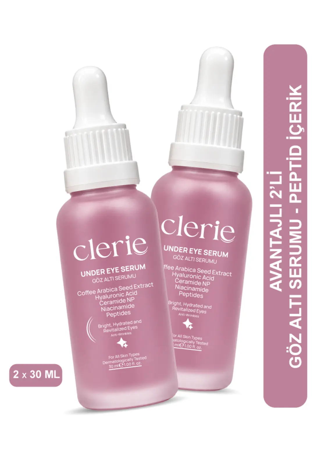 Product image: Clerie 2’li Göz Altı Serumu – Morluk, Koyu Halka ve Göz Altı Torbası Karşıtı, Peptit & Kahve İçerikli Serum 2x30 ml