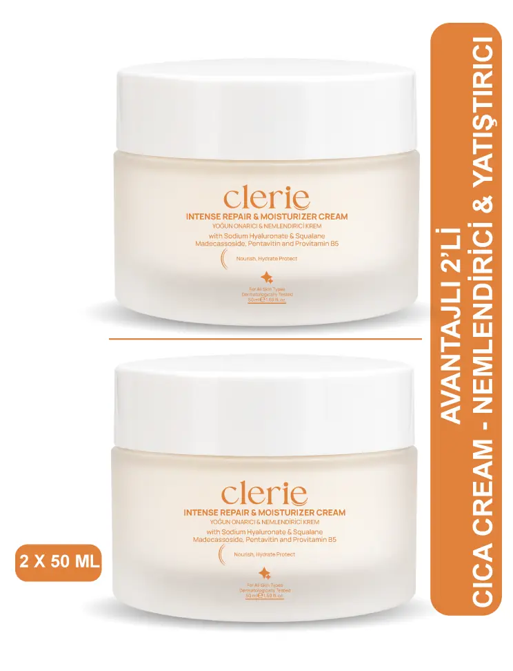 Ürün görseli: Clerie 2’li Cica Yüz Kremi Seti – Yoğun Nemlendirici, Cilt Bariyer Destekleyici Centella & Madecassoside Krem 2x50 ml