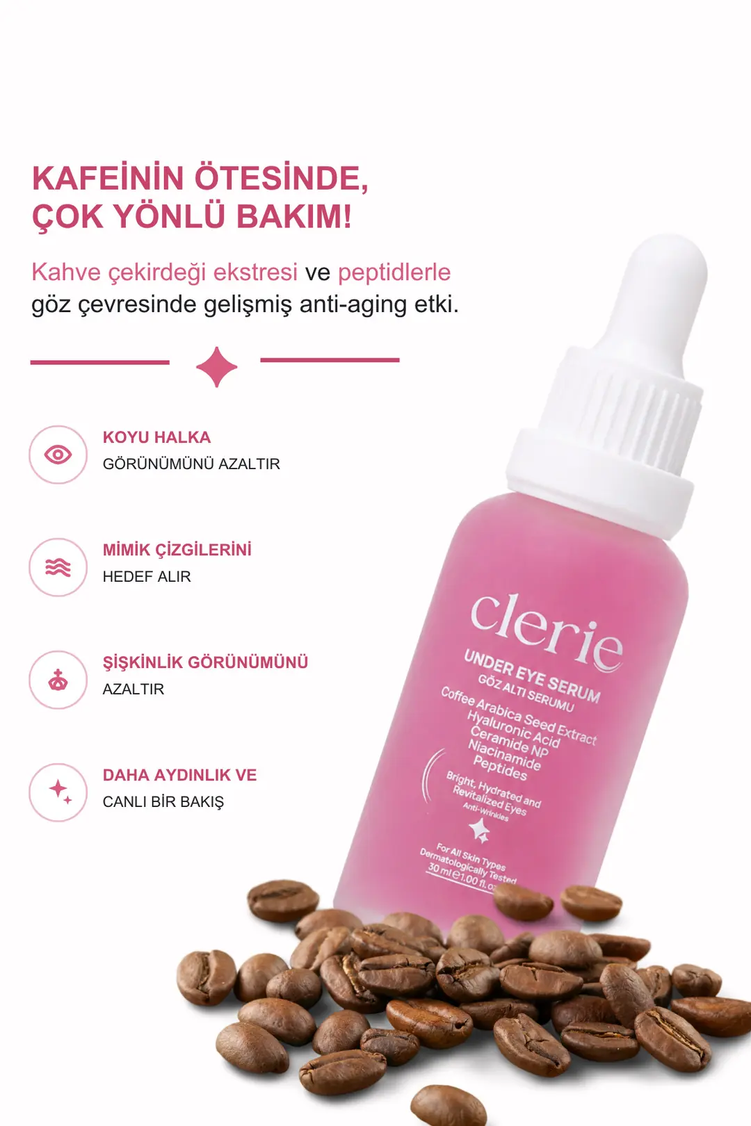 Clerie 2’li Göz Altı Serumu – Morluk, Koyu Halka ve Göz Altı Torbası Karşıtı, Peptit & Kahve İçerikli Serum 2x30 ml