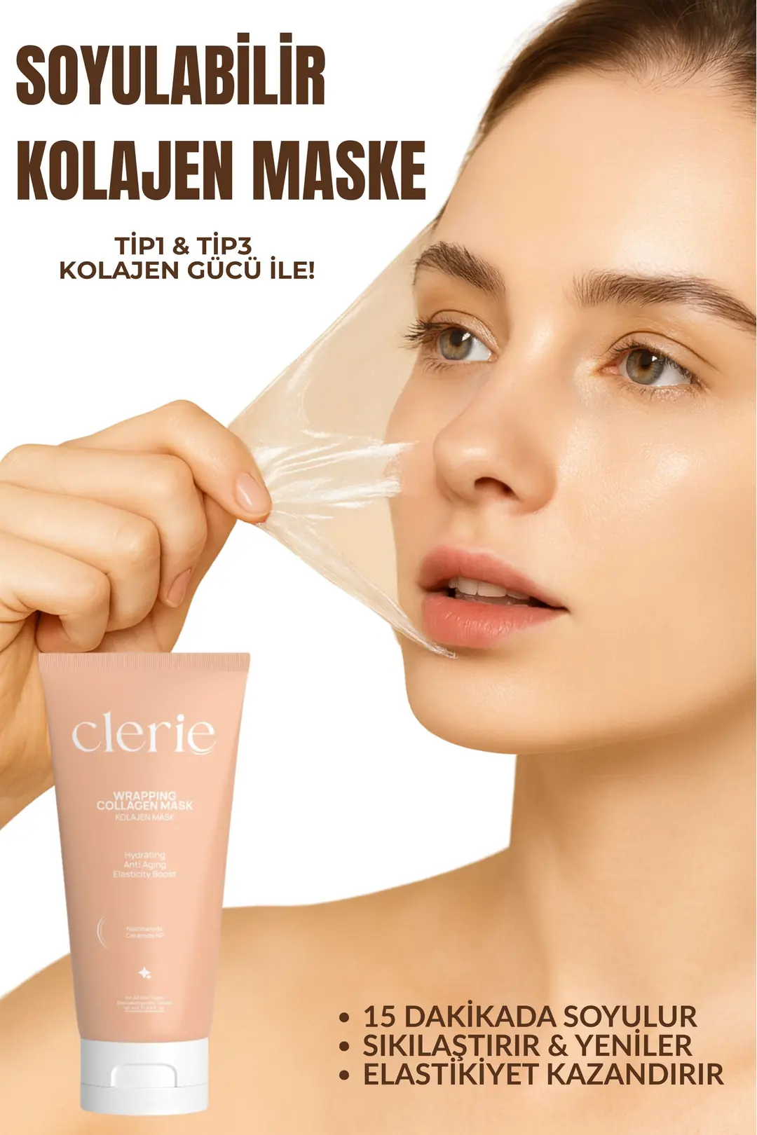 Clerie Soyulabilir Kolajen Yüz Maskesi – Tip 1 & Tip 3 Kolajen, Niacinamide, Kırışıklık Karşıtı Anti-Aging Maske 50 ml
