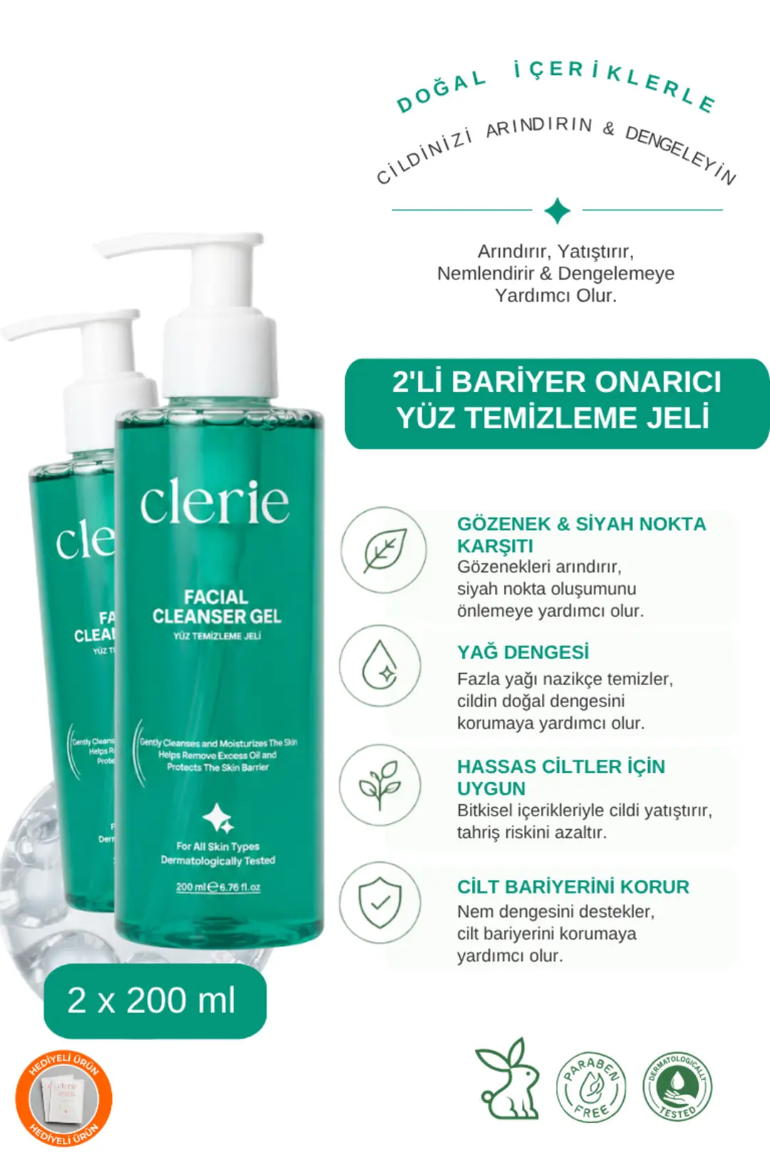 Clerie 2’li Yüz Temizleme Jeli – Arındırıcı, Gözenek ve Siyah Nokta Karşıtı, Yağ Dengeleyici Temizleme Jeli 2x200 ml