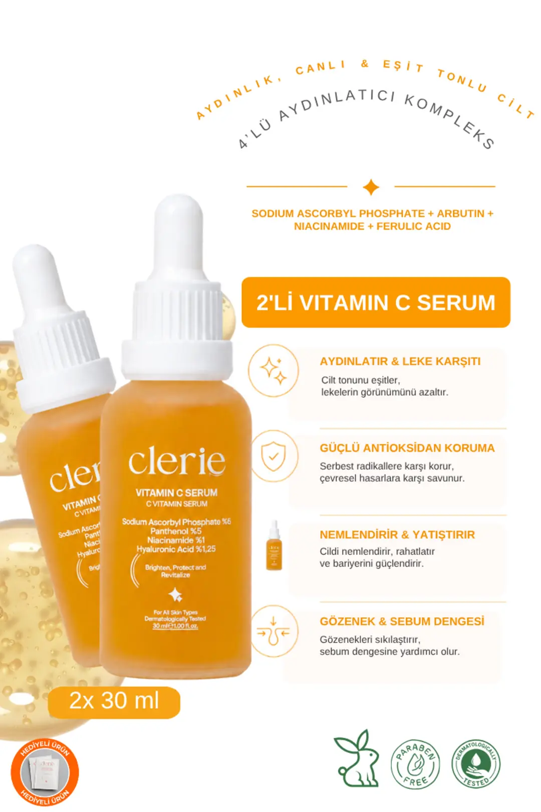 Clerie 2’li C Vitamini Cilt Serumu – Leke Karşıtı, Aydınlatıcı, Cilt Tonu Eşitleyici Niacinamide Serum 2x30 ml