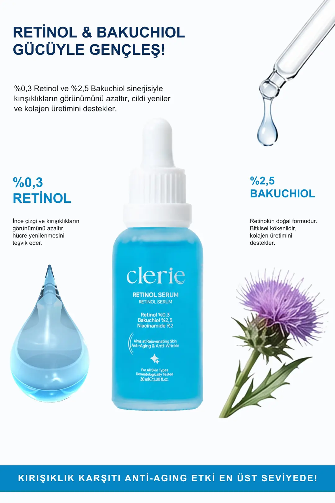 Clerie 2’li Retinol Cilt Serumu – %0,3 Retinol & %2,5 Bakuchiol, Kırışıklık ve İnce Çizgi Karşıtı Anti-Aging Serum 2x30 ml