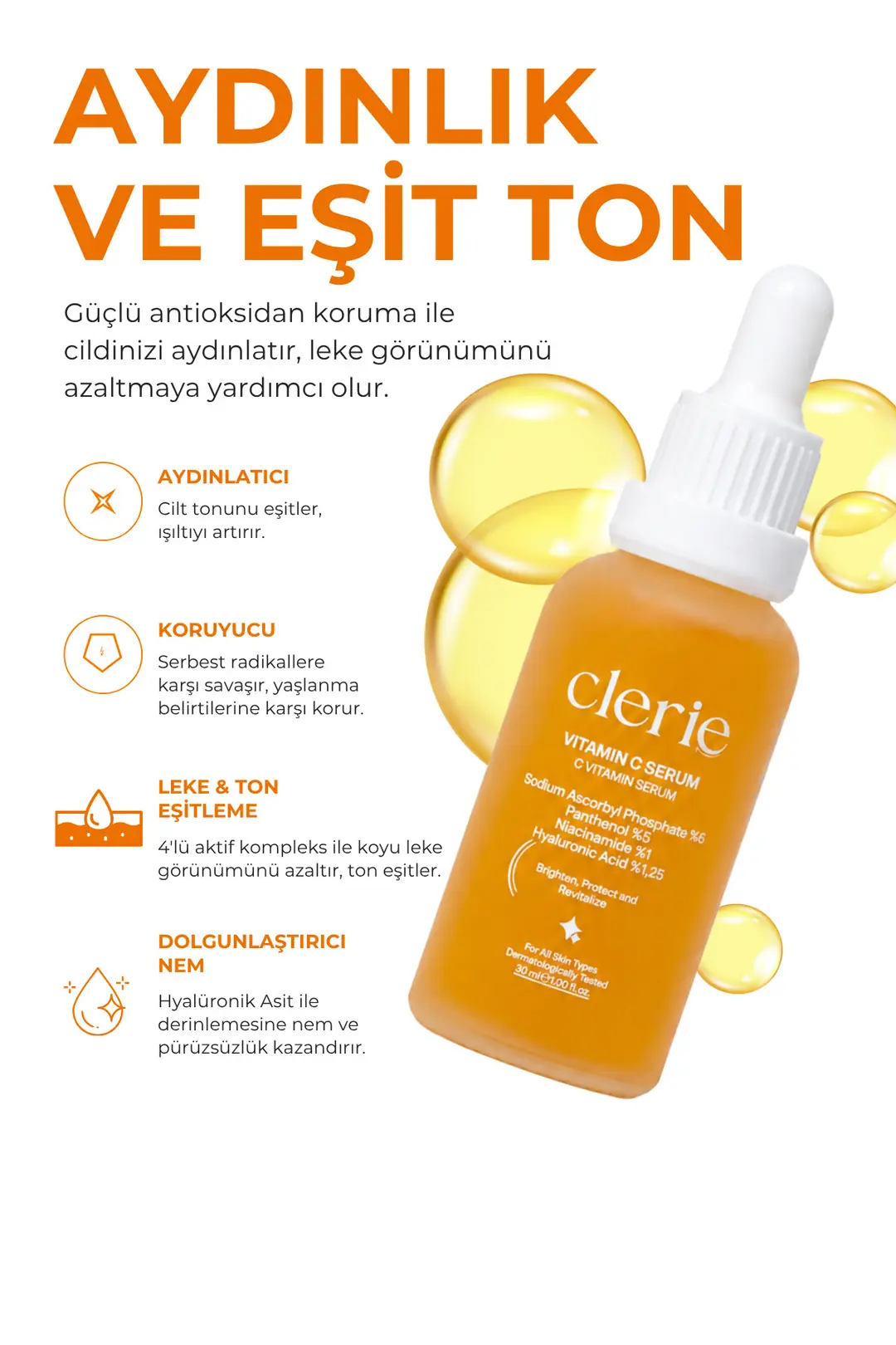 Clerie 2’li C Vitamini Cilt Serumu – Leke Karşıtı, Aydınlatıcı, Cilt Tonu Eşitleyici Niacinamide Serum 2x30 ml