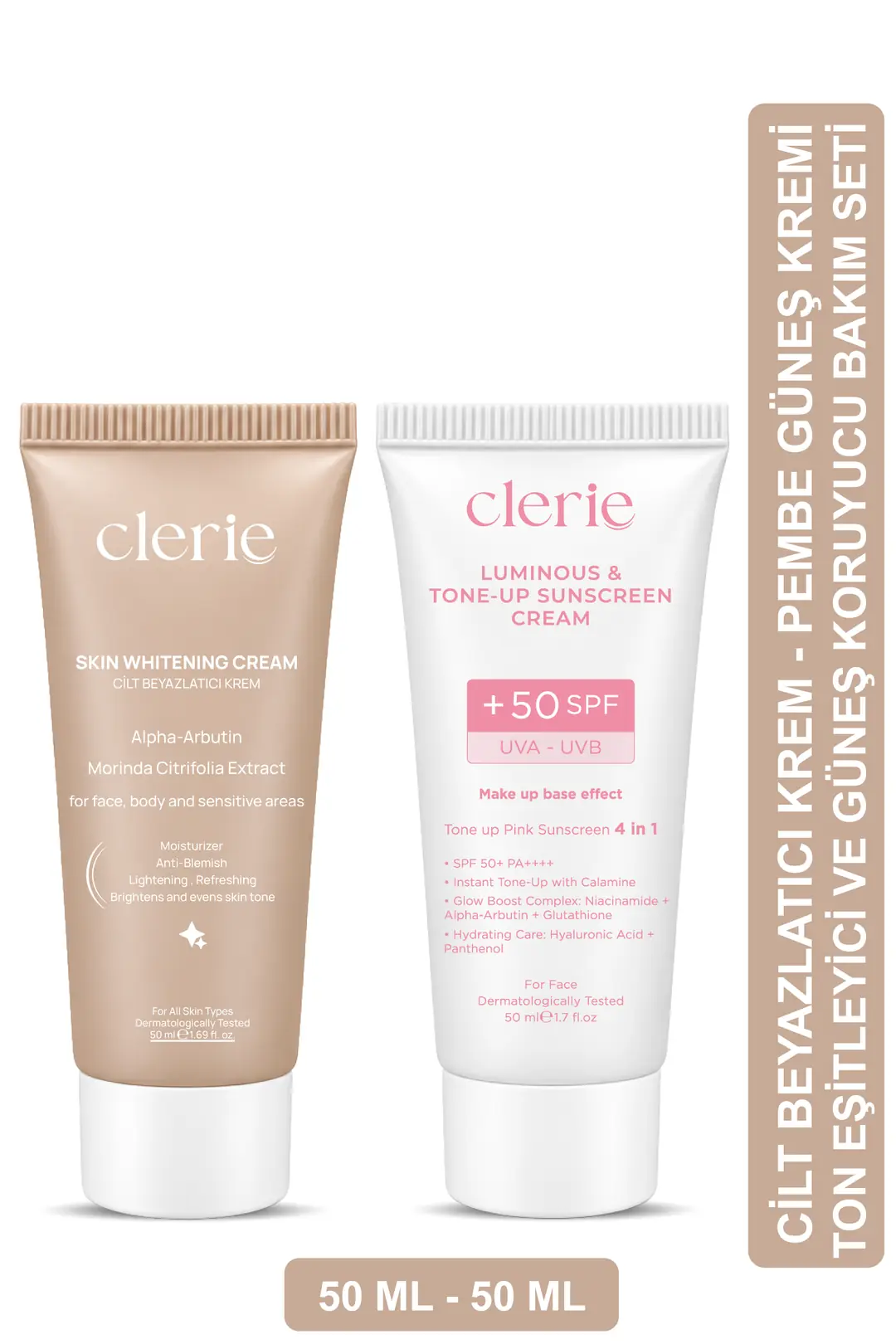 Ürün görseli: Clerie SPF 50+ Güneş Kremi ve Beyazlatıcı Bakım Kremi Seti