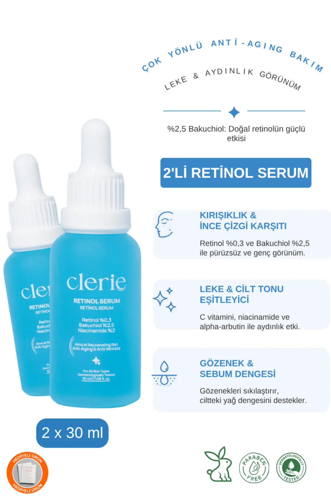 Clerie 2’li Retinol Cilt Serumu – %0,3 Retinol & %2,5 Bakuchiol, Kırışıklık ve İnce Çizgi Karşıtı Anti-Aging Serum 2x30 ml